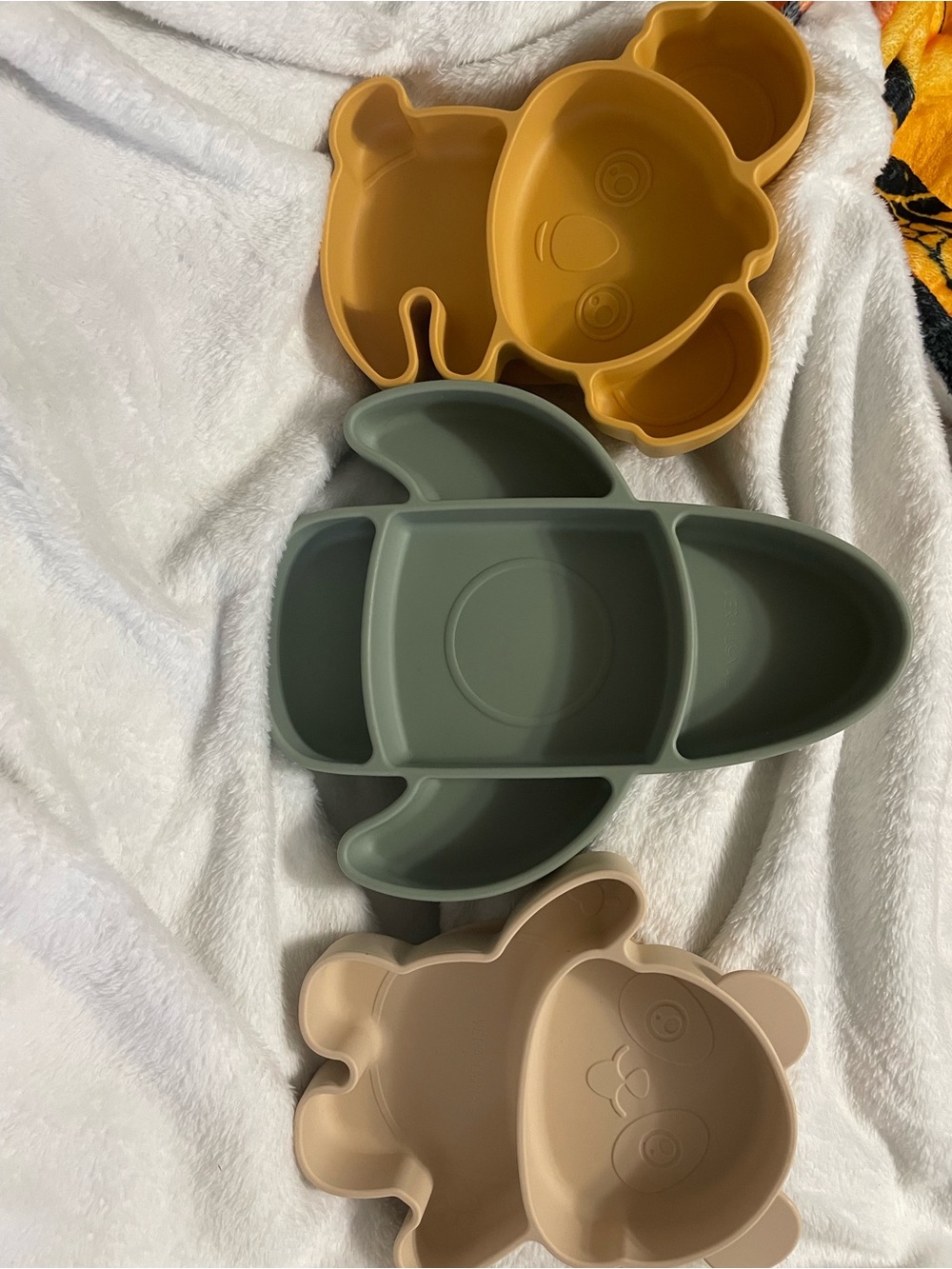 Set of Three Silicone Divided Kids Plates in Mustard, Olive Green & Beige